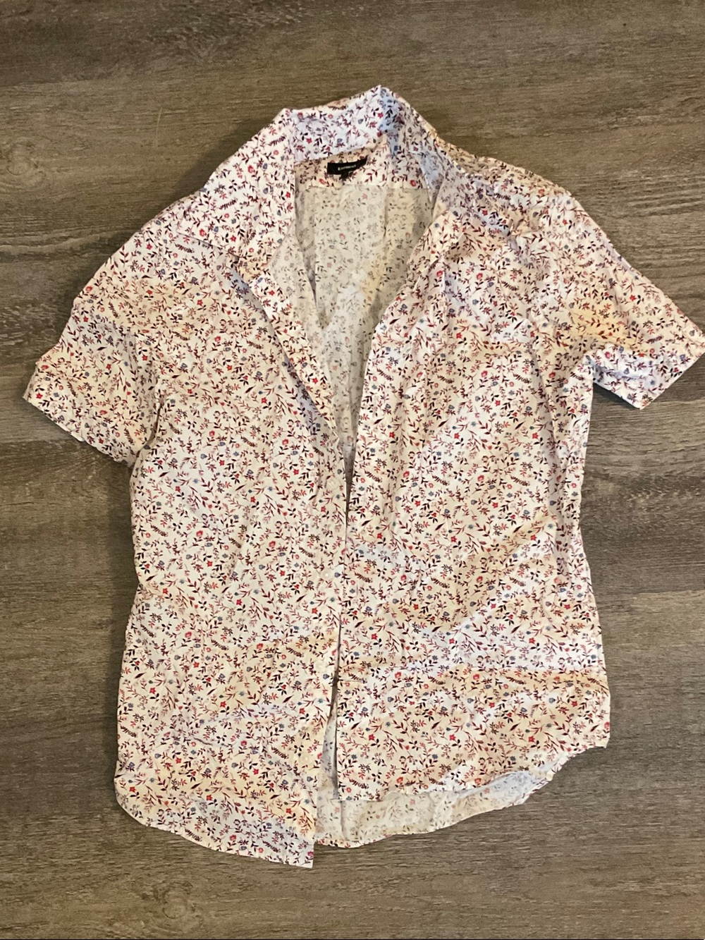 Express Short-Sleeve Button Down Shirt - White with Red & Blue Floral Print